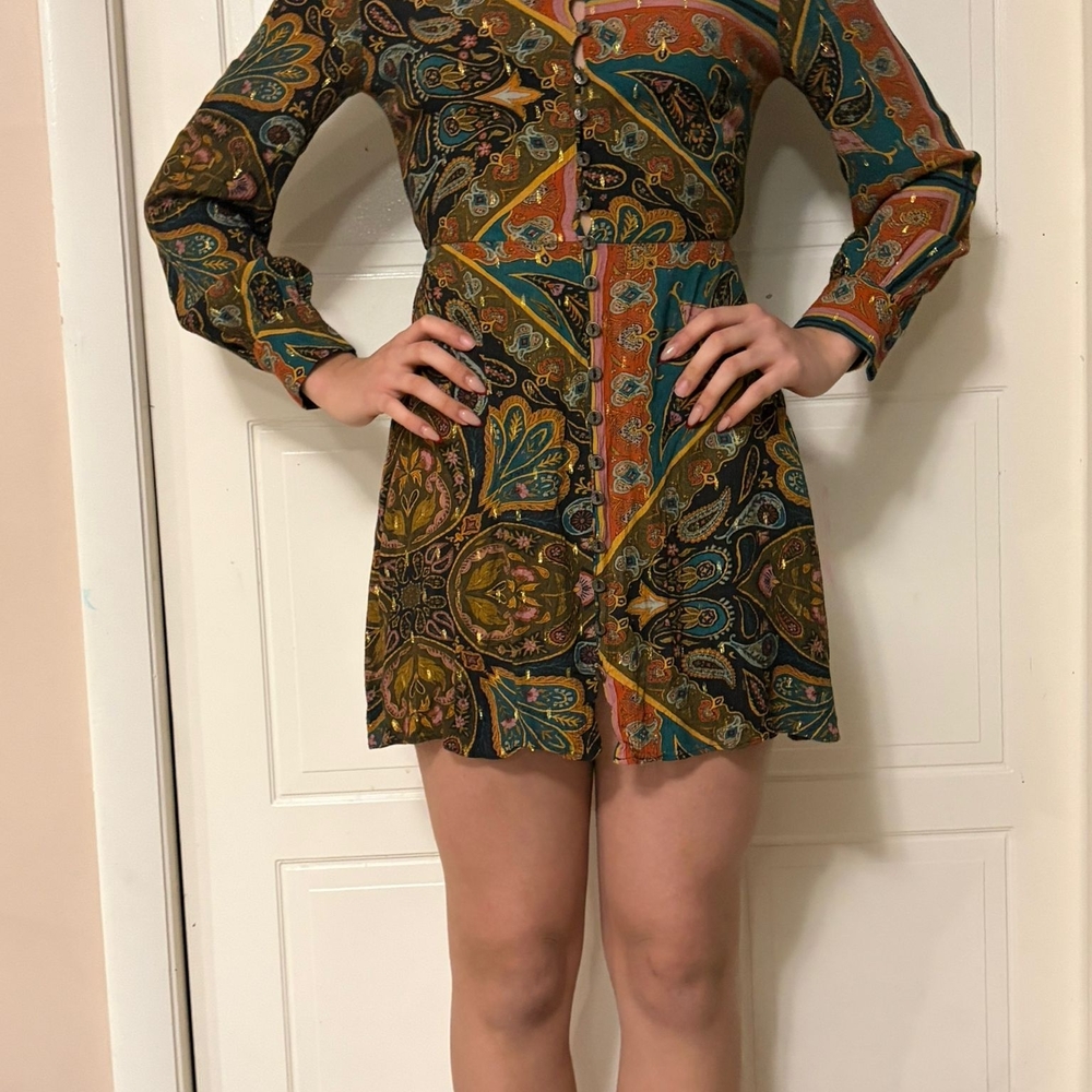 Zara Long Sleeve Paisley Dress in Green and Orange